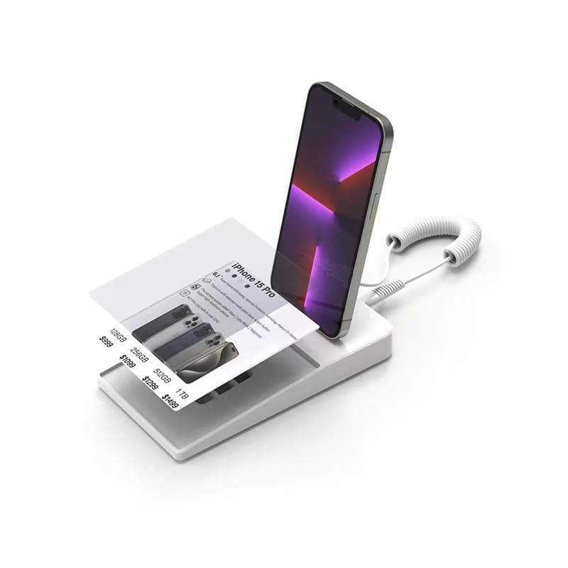 Security display stand with price tag holder, angled view, shown with iPhone 15 Pro