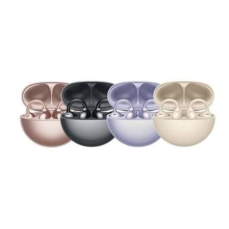 Open-ear earbuds — pink, black, purple, and beige
